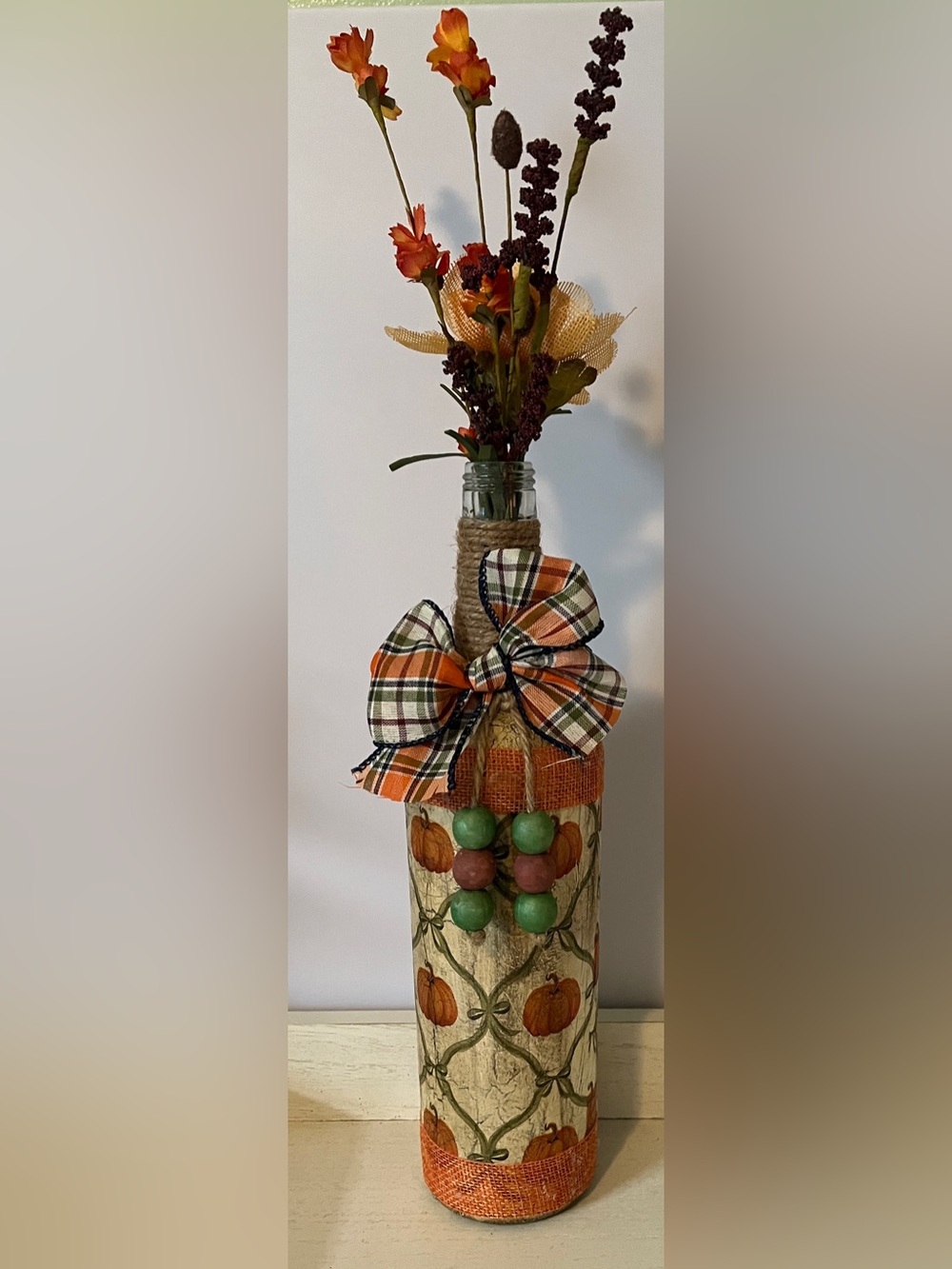 Handcrafted Fall Plaid Bottle Decoration with Orange Bow